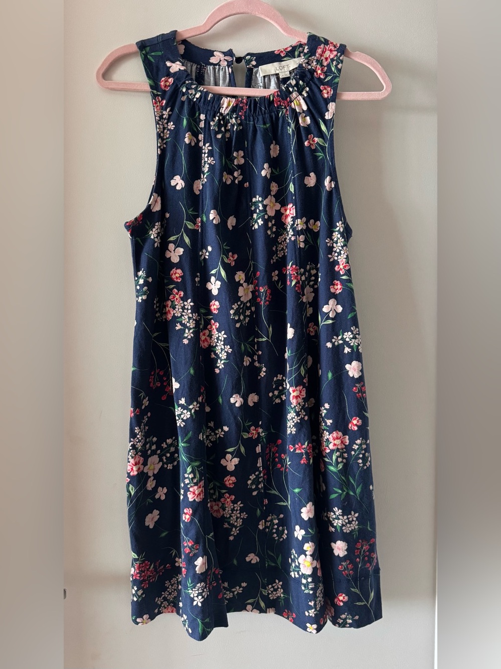 LOFT Navy Floral Sleeveless Dress with Pink and White Blooms